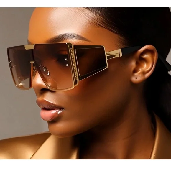 Shield Sunglasses Futuristic Visor Gold Frame Brown Lens Fashion Luxury Model - Picture 11 of 12